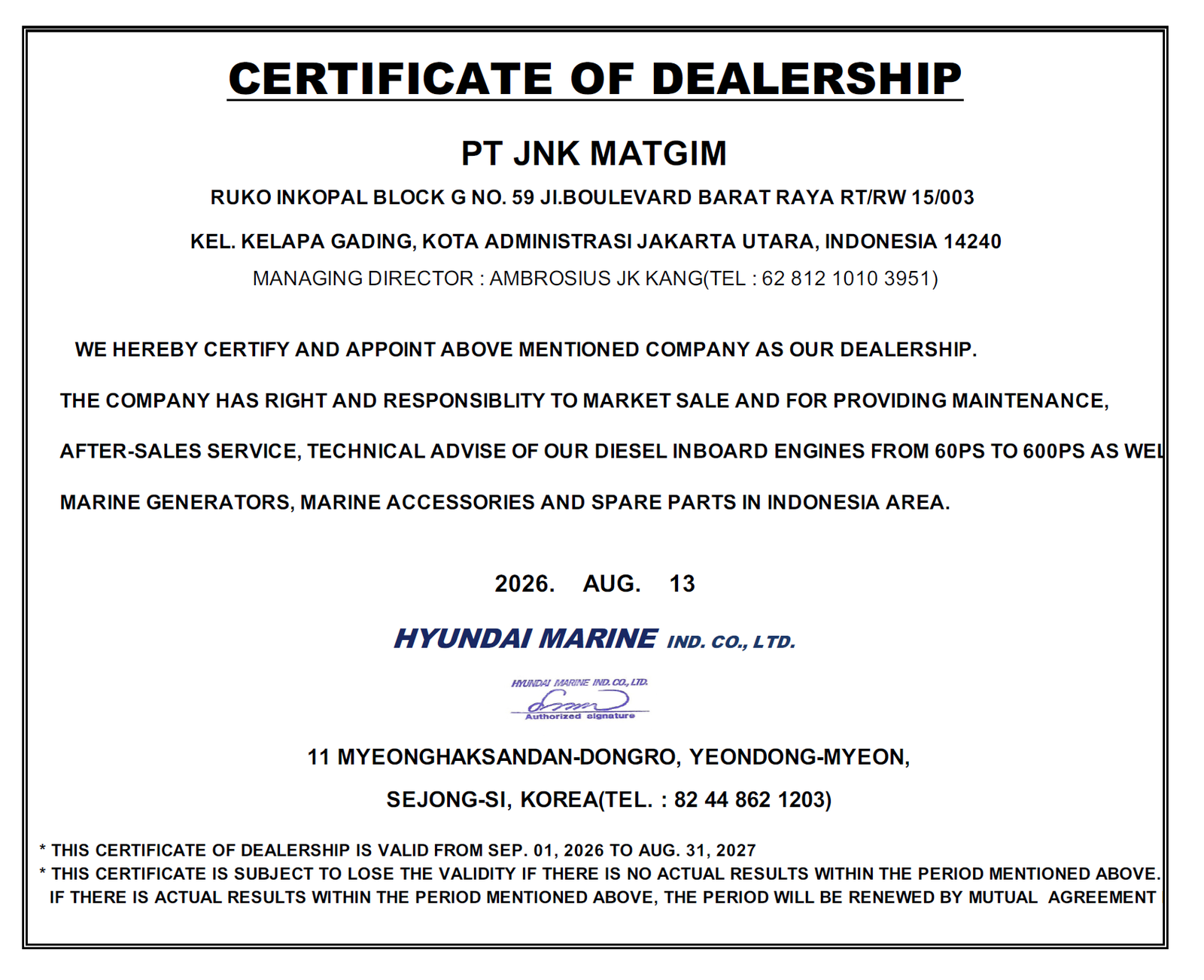Hyundai Marine Certificate of Dealership for PT JNK MATGIM
